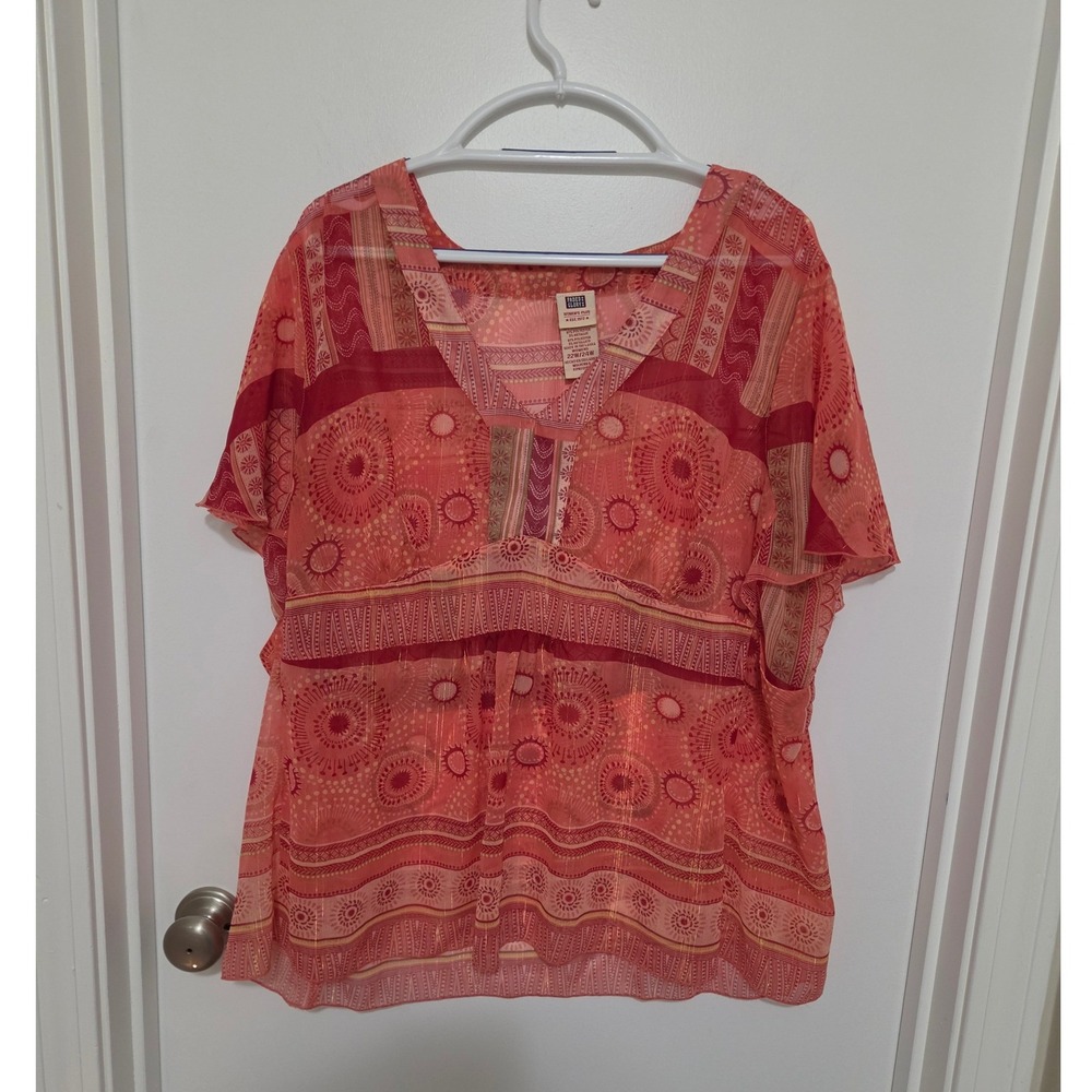 Faded Glory Womens Plus 22W/24W Boho Metallic Sheer Blouse Orange Red Print
